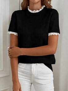 Yunfilé Elegant Apricot Crew Neck Lace Trim Knit Short Sleeve Sweater, Suitable For Commuting, Home, And Daily Wear, Spring/Summer - Black - View 5