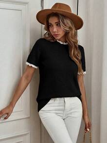 Yunfilé Elegant Apricot Crew Neck Lace Trim Knit Short Sleeve Sweater, Suitable For Commuting, Home, And Daily Wear, Spring/Summer - Black - View 7