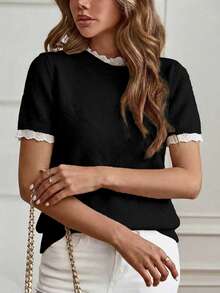 Yunfilé Elegant Apricot Crew Neck Lace Trim Knit Short Sleeve Sweater, Suitable For Commuting, Home, And Daily Wear, Spring/Summer - Black - View 6