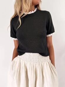 Yunfilé Elegant Apricot Crew Neck Lace Trim Knit Short Sleeve Sweater, Suitable For Commuting, Home, And Daily Wear, Spring/Summer - Black - View 2