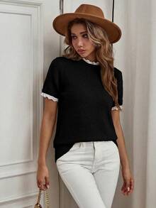 Yunfilé Elegant Apricot Crew Neck Lace Trim Knit Short Sleeve Sweater, Suitable For Commuting, Home, And Daily Wear, Spring/Summer - Black - View 10