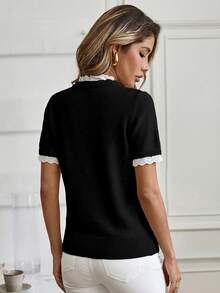 Yunfilé Elegant Apricot Crew Neck Lace Trim Knit Short Sleeve Sweater, Suitable For Commuting, Home, And Daily Wear, Spring/Summer - Black - View 3