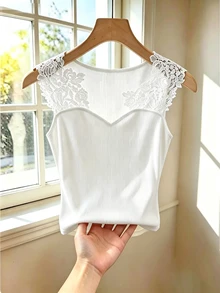GlowEve CURVE Lace-Detailed, Sheer, And Seductive White T-Shirt Top. - White - View 1