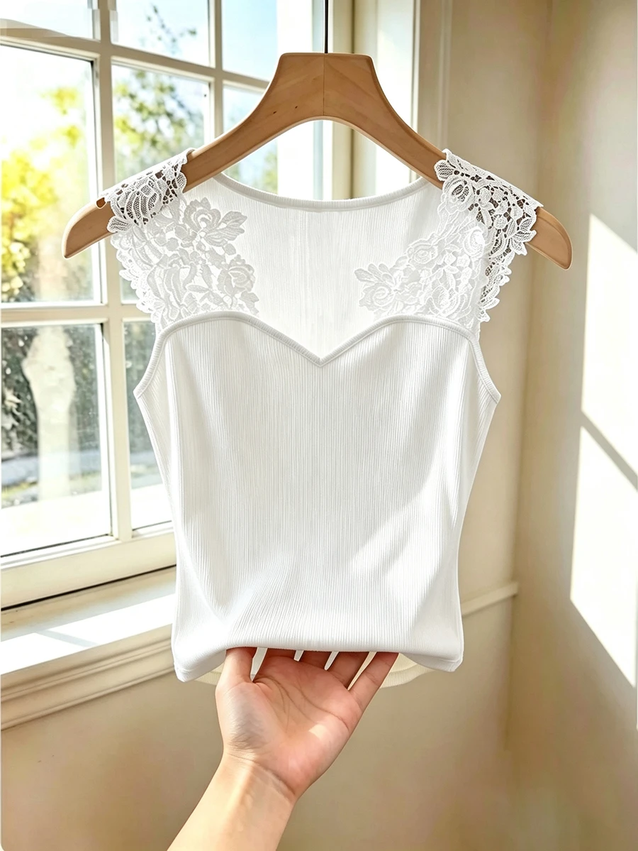 GlowEve CURVE Lace-Detailed, Sheer, And Seductive White T-Shirt Top. - White - View 1