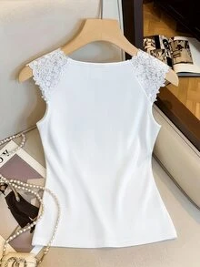 GlowEve CURVE Lace-Detailed, Sheer, And Seductive White T-Shirt Top. - White - View 2