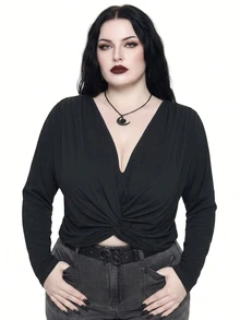ROMWE Goth Casual Versatile Deep V-Neck Loose Fit Plus Size Women's Batwing Sleeve T-Shirt - Black - View 3