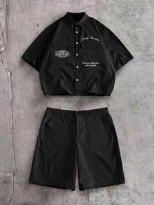 AXEPEAK Men's Letter Print Short Sleeve Shirt And Shorts Casual Set - Black - View 2