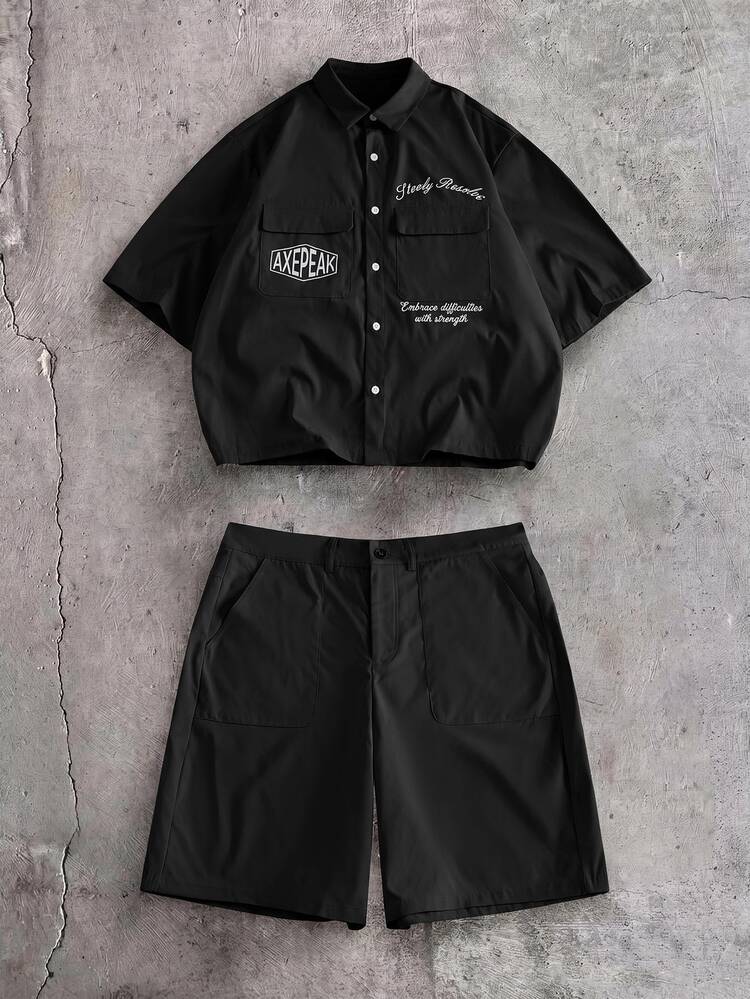 AXEPEAK Men's Letter Print Short Sleeve Shirt And Shorts Casual Set - Black - View 2