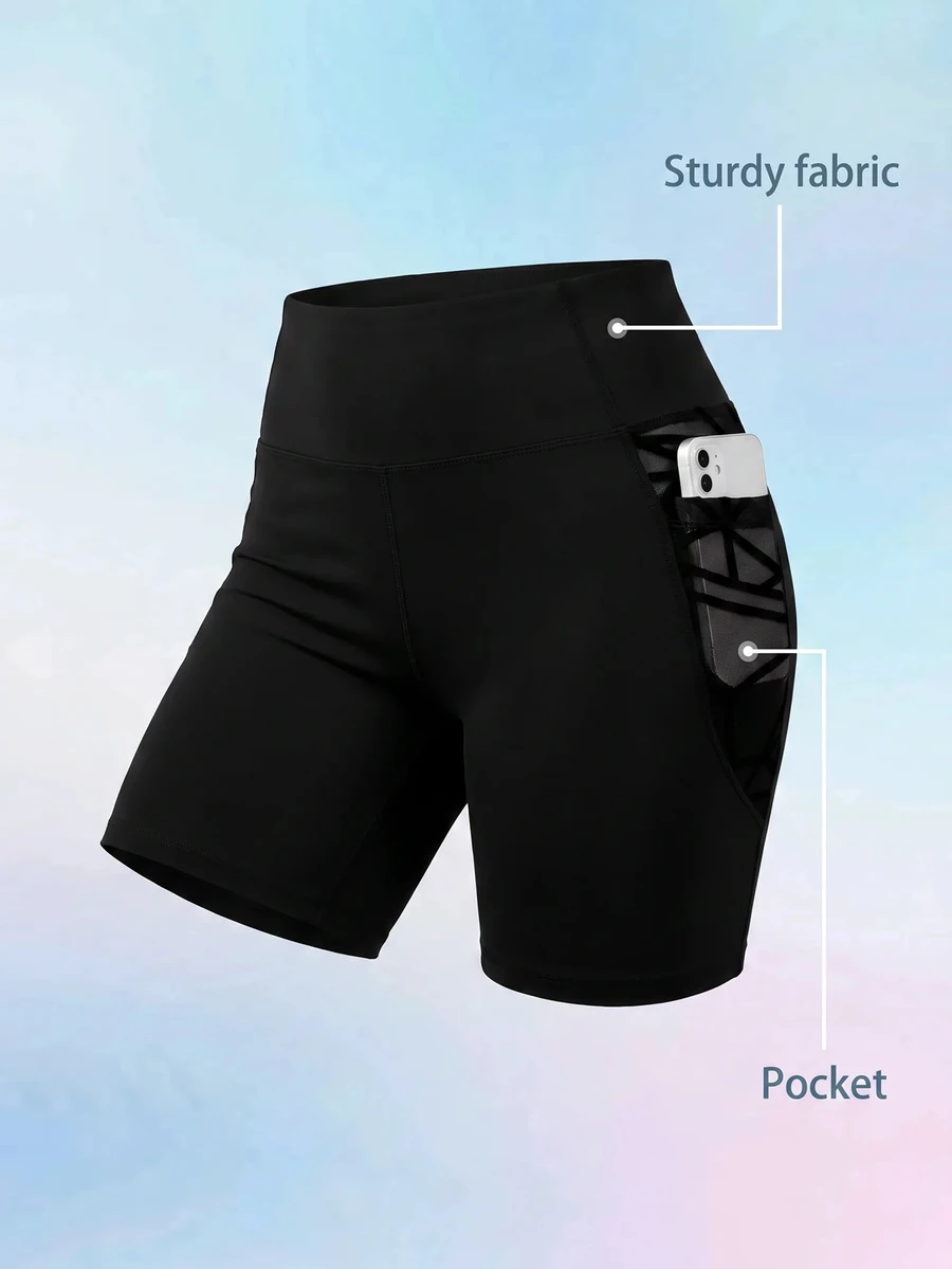 SHEIN Cheerettes Solid Color High Waist Seamless Athletic Shorts - Black - View 1