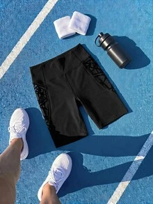 SHEIN Cheerettes Solid Color High Waist Seamless Athletic Shorts - Black - View 2