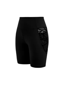 SHEIN Cheerettes Solid Color High Waist Seamless Athletic Shorts - Black - View 7