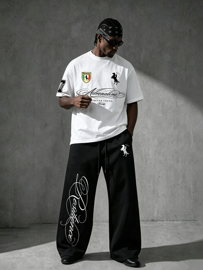Manfinity EMRG Men's Letter Print Short Sleeve T-Shirt And Drawstring Waist Long Pants Casual Set