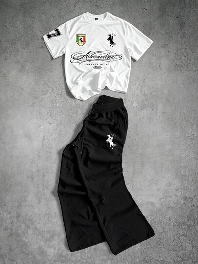 Manfinity EMRG Men's Letter Print Short Sleeve T-Shirt And Drawstring Waist Long Pants Casual Set