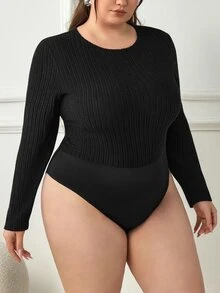 SHEIN CURVE+ بودي سوت نسائي مقاس كبير بلون موحد كاجوال متعدد الاستخدامات للارتداء اليومي بأكمام طويلة للشتاء - الأسود - مشاهدة 4