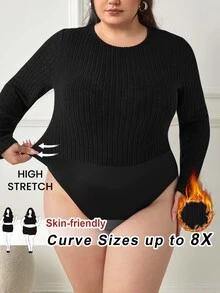 SHEIN CURVE+ بودي سوت نسائي مقاس كبير بلون موحد كاجوال متعدد الاستخدامات للارتداء اليومي بأكمام طويلة للشتاء - الأسود - مشاهدة 1