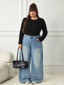 SHEIN CURVE+ بودي سوت نسائي مقاس كبير بلون موحد كاجوال متعدد الاستخدامات للارتداء اليومي بأكمام طويلة للشتاء - الأسود - مشاهدة 5