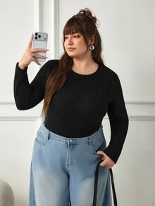 SHEIN CURVE+ بودي سوت نسائي مقاس كبير بلون موحد كاجوال متعدد الاستخدامات للارتداء اليومي بأكمام طويلة للشتاء - الأسود - مشاهدة 6