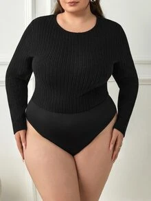 SHEIN CURVE+ بودي سوت نسائي مقاس كبير بلون موحد كاجوال متعدد الاستخدامات للارتداء اليومي بأكمام طويلة للشتاء - الأسود - مشاهدة 3