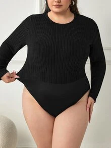 SHEIN CURVE+ بودي سوت نسائي مقاس كبير بلون موحد كاجوال متعدد الاستخدامات للارتداء اليومي بأكمام طويلة للشتاء - الأسود - مشاهدة 7