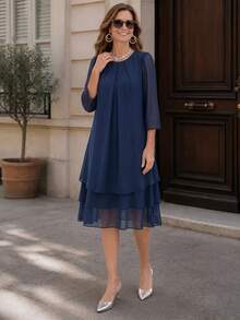Miaspire Middle-Aged Women Solid Color Round Neck Pleated Design Multi-Layer Ruffle Hem Casual Granny Elegant Romantic Celestial Loose Fit Dress Fall Winter - Navy Blue - View 4