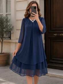Miaspire Middle-Aged Women Solid Color Round Neck Pleated Design Multi-Layer Ruffle Hem Casual Granny Elegant Romantic Celestial Loose Fit Dress Fall Winter - Navy Blue - View 5