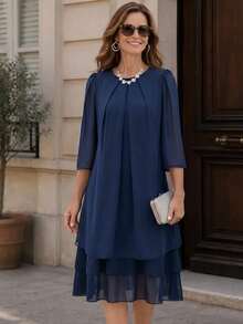 Miaspire Middle-Aged Women Solid Color Round Neck Pleated Design Multi-Layer Ruffle Hem Casual Granny Elegant Romantic Celestial Loose Fit Dress Fall Winter - Navy Blue - View 2