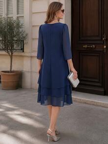 Miaspire Middle-Aged Women Solid Color Round Neck Pleated Design Multi-Layer Ruffle Hem Casual Granny Elegant Romantic Celestial Loose Fit Dress Fall Winter - Navy Blue - View 3