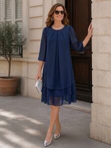Miaspire Middle-Aged Women Solid Color Round Neck Pleated Design Multi-Layer Ruffle Hem Casual Granny Elegant Romantic Celestial Loose Fit Dress Fall Winter - Navy Blue - View 7