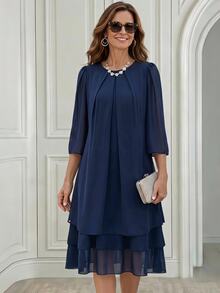 Miaspire Middle-Aged Women Solid Color Round Neck Pleated Design Multi-Layer Ruffle Hem Casual Granny Elegant Romantic Celestial Loose Fit Dress Fall Winter - Navy Blue - View 8
