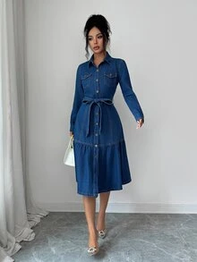Elenzga Fall Vintage Chic Flare Button Up Collar Belted Blue Denim Going Out Denim Dress For Women - Blue - View 5