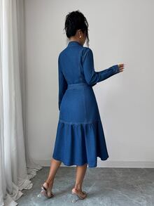Elenzga Fall Vintage Chic Flare Button Up Collar Belted Blue Denim Going Out Denim Dress For Women - Blue - View 2