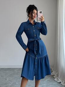 Elenzga Fall Vintage Chic Flare Button Up Collar Belted Blue Denim Going Out Denim Dress For Women - Blue - View 1