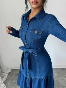 Elenzga Fall Vintage Chic Flare Button Up Collar Belted Blue Denim Going Out Denim Dress For Women - Blue - View 4