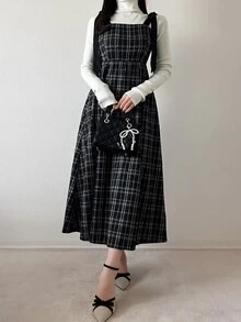 FRIFUL Women's Elegant Versatile Plaid Fashion Dress Fall - Black - View 5