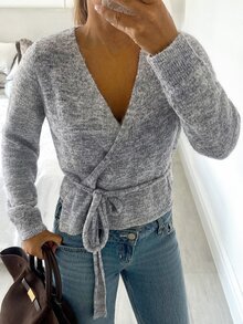 Siren Gaze Women's Lace-Up Wrap Knit Top Office Brunch Light Grey Autumn Casual French Elegant - Grey - View 3