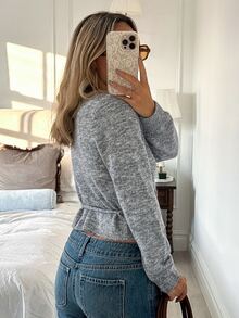 Siren Gaze Women's Lace-Up Wrap Knit Top Office Brunch Light Grey Autumn Casual French Elegant - Grey - View 4