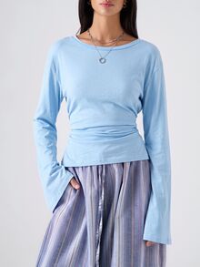 LYSMO 女款休閒舒適淡黃色後腰綁帶長袖T恤，秋冬款 - 淺藍色 - 查看 6