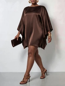 Zivah New Fall/Winter Plus Size Women's Brown Cape With Batwing Sleeves Mini Skirt/Vacation/Elegant/Holiday/Party/Festival/Boho/Concert/Office/Commuting - Brown - View 4