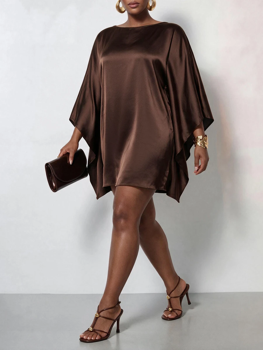 Zivah New Fall/Winter Plus Size Women's Brown Cape With Batwing Sleeves Mini Skirt/Vacation/Elegant/Holiday/Party/Festival/Boho/Concert/Office/Commuting
