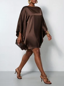 Zivah New Fall/Winter Plus Size Women's Brown Cape With Batwing Sleeves Mini Skirt/Vacation/Elegant/Holiday/Party/Festival/Boho/Concert/Office/Commuting - Brown - View 5