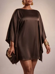 Zivah New Fall/Winter Plus Size Women's Brown Cape With Batwing Sleeves Mini Skirt/Vacation/Elegant/Holiday/Party/Festival/Boho/Concert/Office/Commuting - Brown - View 2