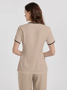 TaskEZ Scrub Top With Short Sleeves, Fashionable For Summer Nurse Scrub Sets Women Scrub Sets Nursing Scrubs Nurse Scrubs - Khaki - View 2