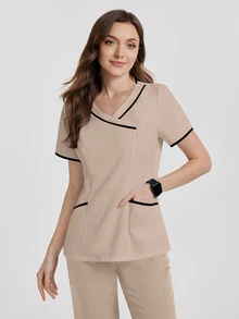 TaskEZ Scrub Top With Short Sleeves, Fashionable For Summer Nurse Scrub Sets Women Scrub Sets Nursing Scrubs Nurse Scrubs - Khaki - View 6