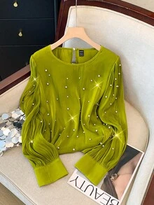 GlowEve CURVE Plus Size Women's Solid Color French Style Luxury Beaded Blouse Fall - Green - View 4