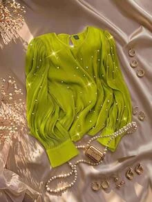 GlowEve CURVE Plus Size Women's Solid Color French Style Luxury Beaded Blouse Fall - Green - View 1