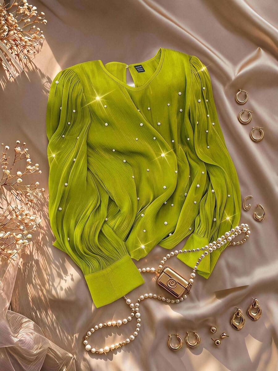 GlowEve CURVE Plus Size Women's Solid Color French Style Luxury Beaded Blouse Fall - Green - View 1