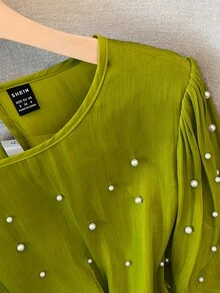 GlowEve CURVE Plus Size Women's Solid Color French Style Luxury Beaded Blouse Fall - Green - View 7