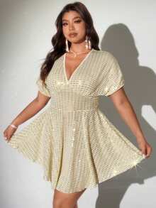 Viva Relle Plus Size Women Elegant Deep V-Neck Sequin Flared Dress, Graduation Dress - Apricot - View 4