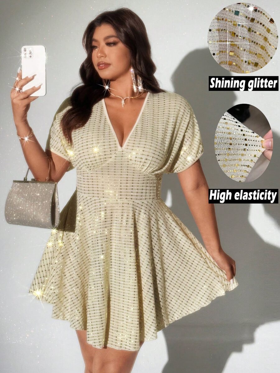 Viva Relle Plus Size Women Elegant Deep V-Neck Sequin Flared Dress, Graduation Dress - Apricot - View 1