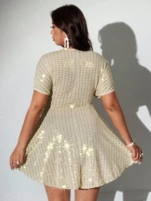 Viva Relle Plus Size Women Elegant Deep V-Neck Sequin Flared Dress, Graduation Dress - Apricot - View 2